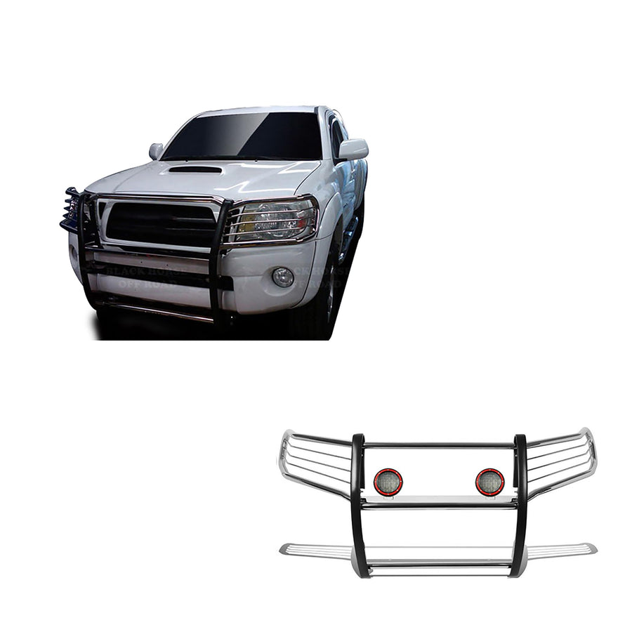 Grille Brush Black Horse Bumper Guard Modular Stainless Steel Come with Pair of 5.3" Dia.LED Lights with Red Trim Rings Compatible with 2005-2015 Toyota Tacoma-17A096400MSS-PLFR