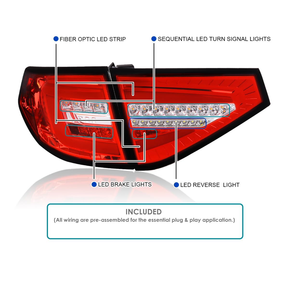 Red Sequential Tail Lights w/LED Bar SPEC-D TUNING Compatible with 2008-2011 Subaru Impreza WRX Hatchback, Left + Right Pair Assembly