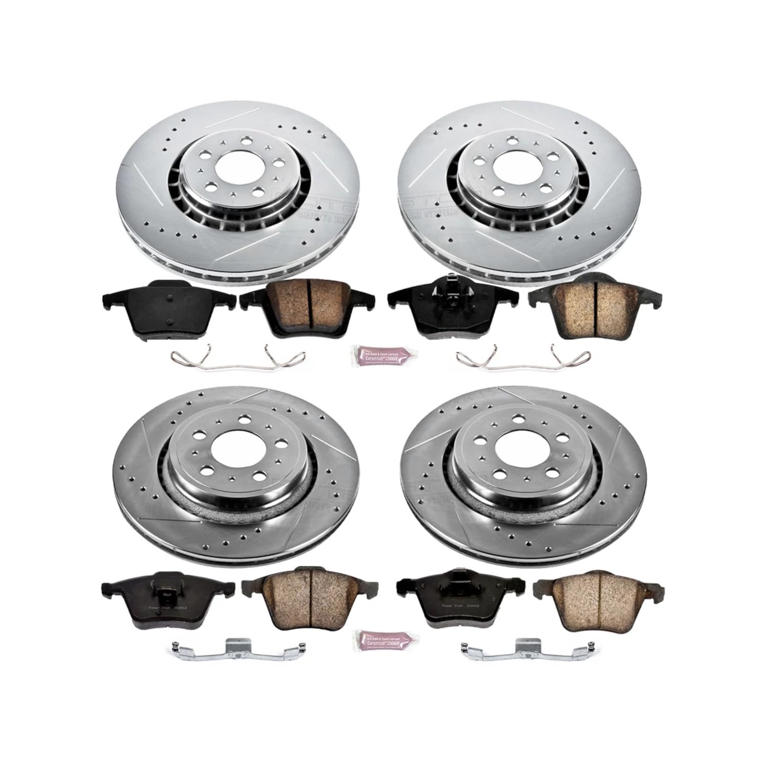 Power Stop K4502 Carbon Fiber Pads with Front and Rear Drilled and Slotted Brake Rotors Kit For 2003 2004 2005 2006 2007 2008 2009 2010 2011 2012 2013 2014 Volvo XC90 [Models with 13.23" Front Rotors]