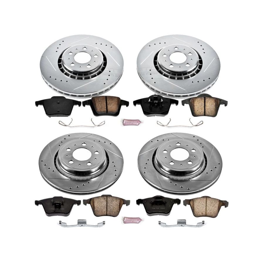 Power Stop K4502 Carbon Fiber Pads with Front and Rear Drilled and Slotted Brake Rotors Kit For 2003 2004 2005 2006 2007 2008 2009 2010 2011 2012 2013 2014 Volvo XC90 [Models with 13.23" Front Rotors]