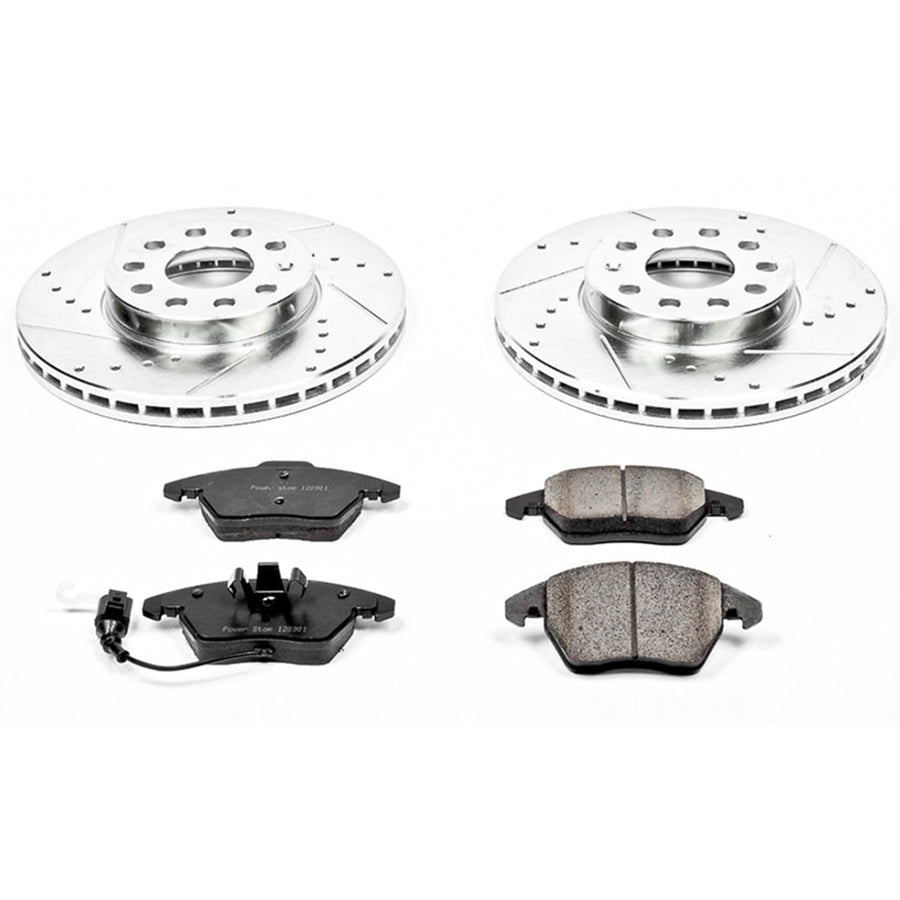Power Stop K4623 Z23 Carbon Fiber Brake Pads Front with Drilled & Slotted Brake Rotors Kit For Audi A3, VW Beetle, VW Golf, VW Jetta, VW Rabbit [Model Specific]