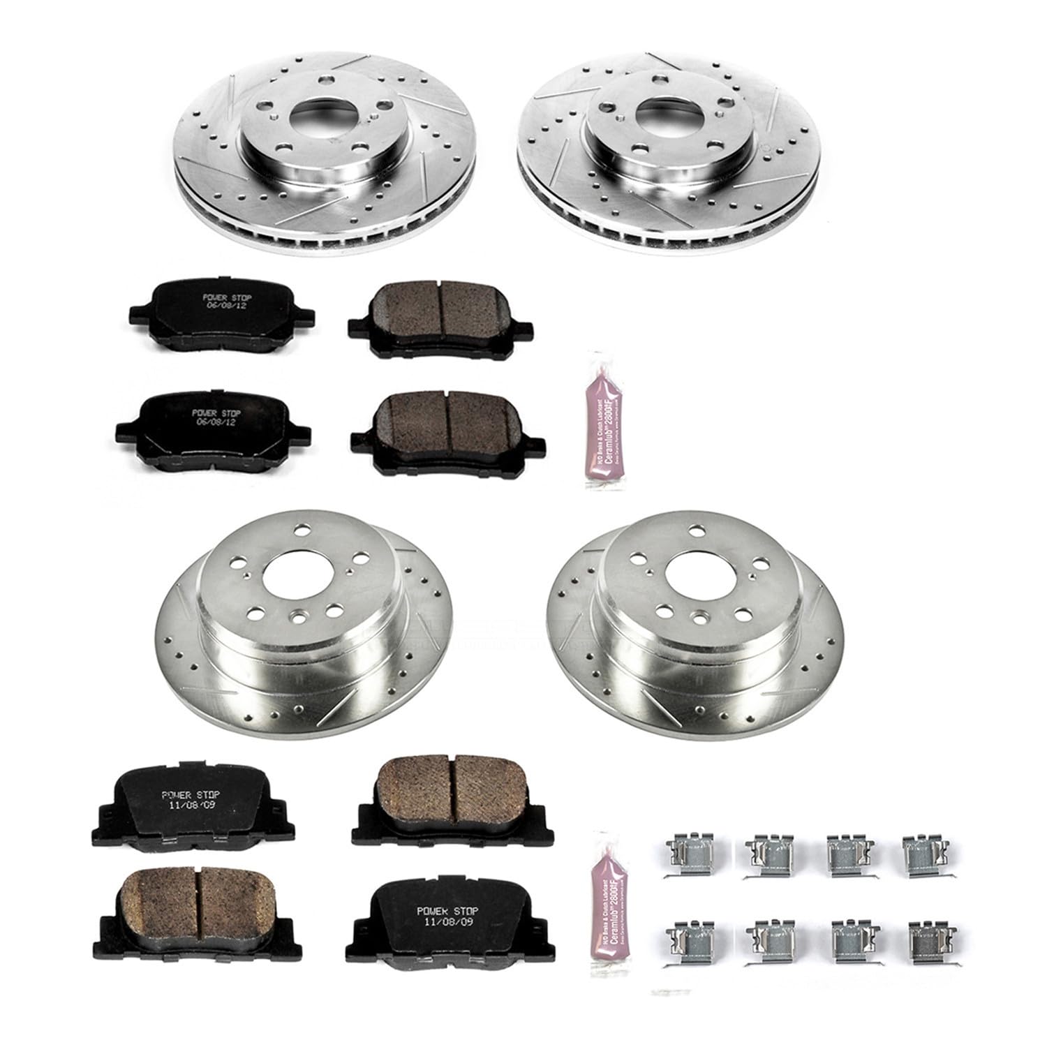 Power Stop K1061 Z23 Carbon Fiber Brake Pads Front and Rear with Drilled & Slotted Brake Rotors Kit For Lexus ES300 2000-2001, Toyota Camry 2000-2001 [Model Specific]