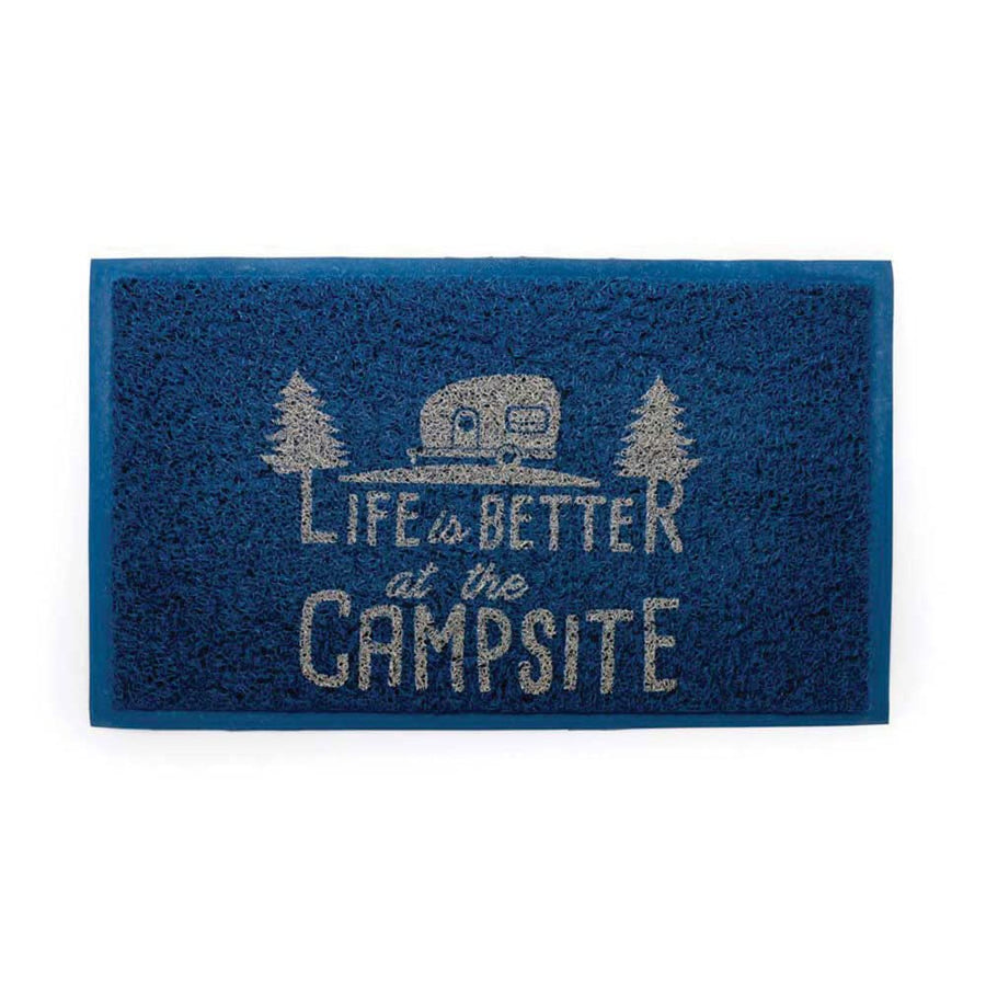 Camco Outdoor & Indoor Life Is Better at The Campsite Welcome Mat - Weather and Doormat | Traps Dirt and Liquid | Spongey Comfortable Feel | Measures 26 ½ " x 15" - Blue (53201) - 53201-A