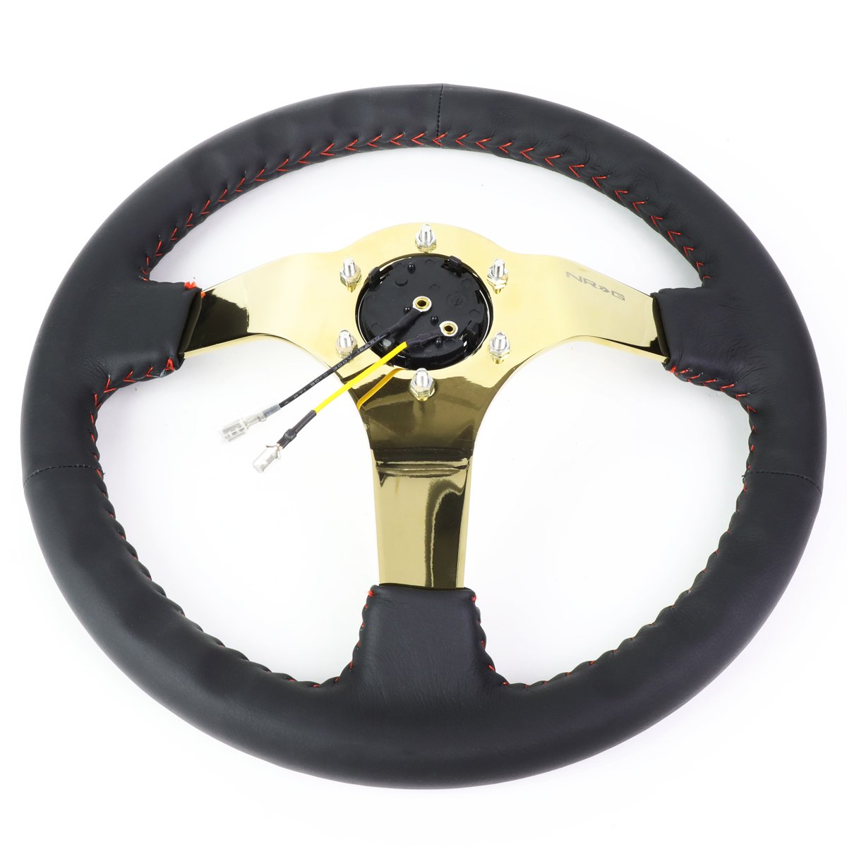 NRG Innovations Reinforced NRG-RST-036GD Steering Wheel - 350mm Sport Steering Wheel (3' deep) Black Leather with Red Baseball Stitching - Chrome Gold Spoke