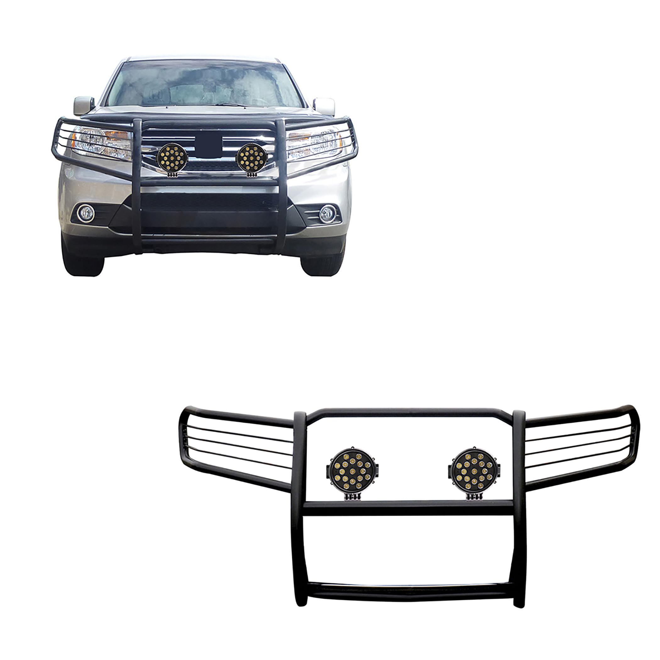 Bumper Guard Modular Black Horse Grille brush Come With pair of 7.0"Dia.LED Lights with Black Trim Rings Compatible with 2009-2015 Honda Pilot-17H151400MA-PLB