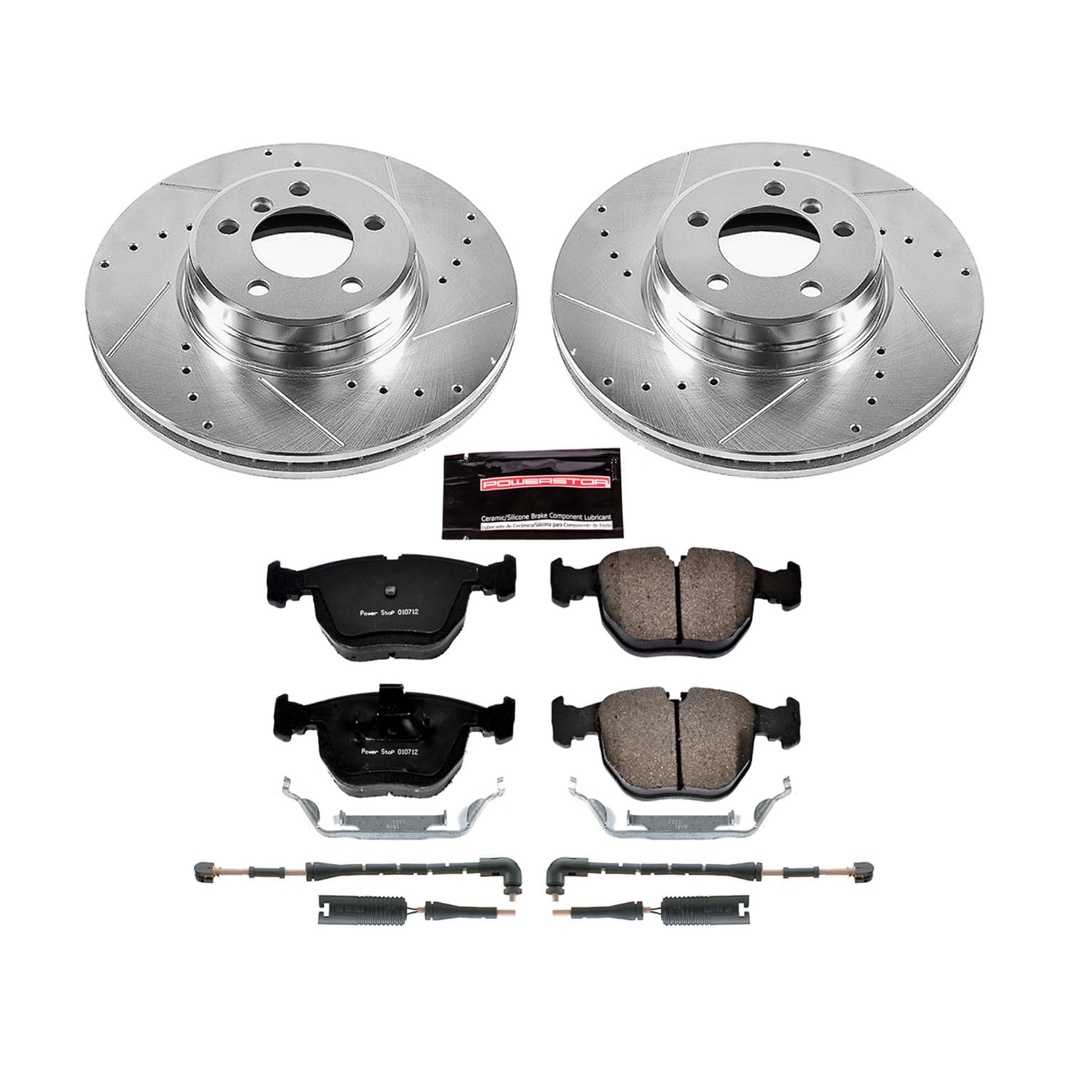 Power Stop K5111 Z23 Carbon Fiber Brake Pads Front with Drilled & Slotted Brake Rotors Kit and 2 Front Sensor Wires For Land Rover Range Rover 2003-2005 [Model Specific]