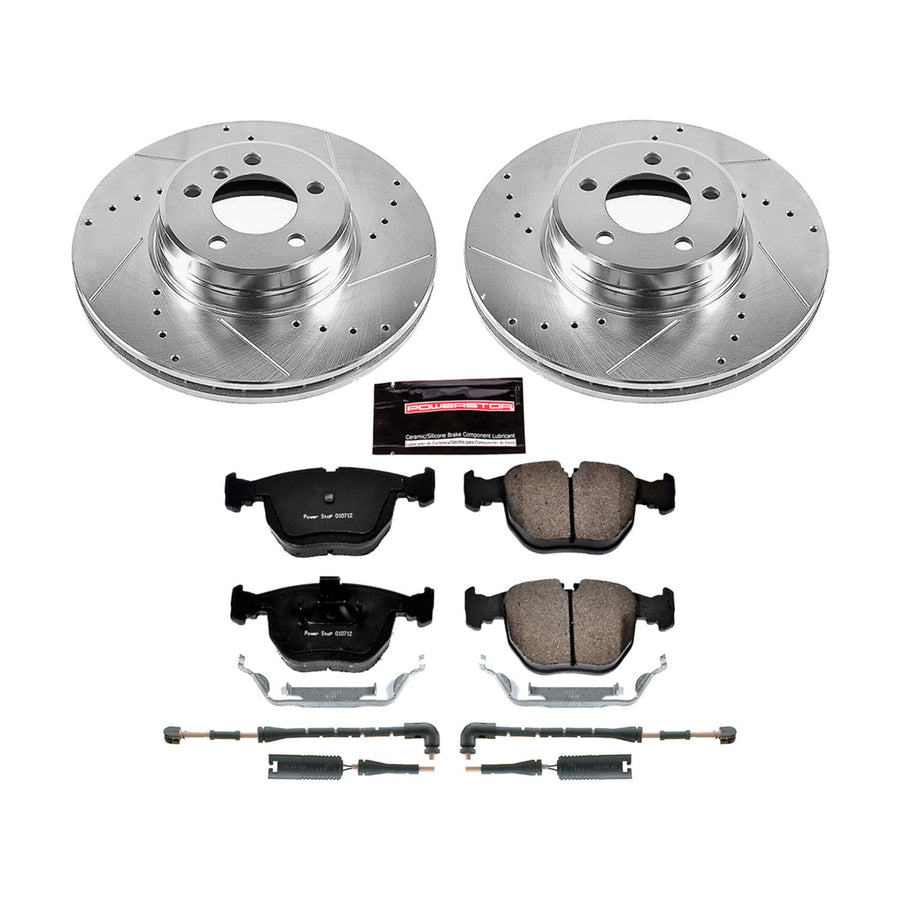 Power Stop K5111 Z23 Carbon Fiber Brake Pads Front with Drilled & Slotted Brake Rotors Kit and 2 Front Sensor Wires For Land Rover Range Rover 2003-2005 [Model Specific]
