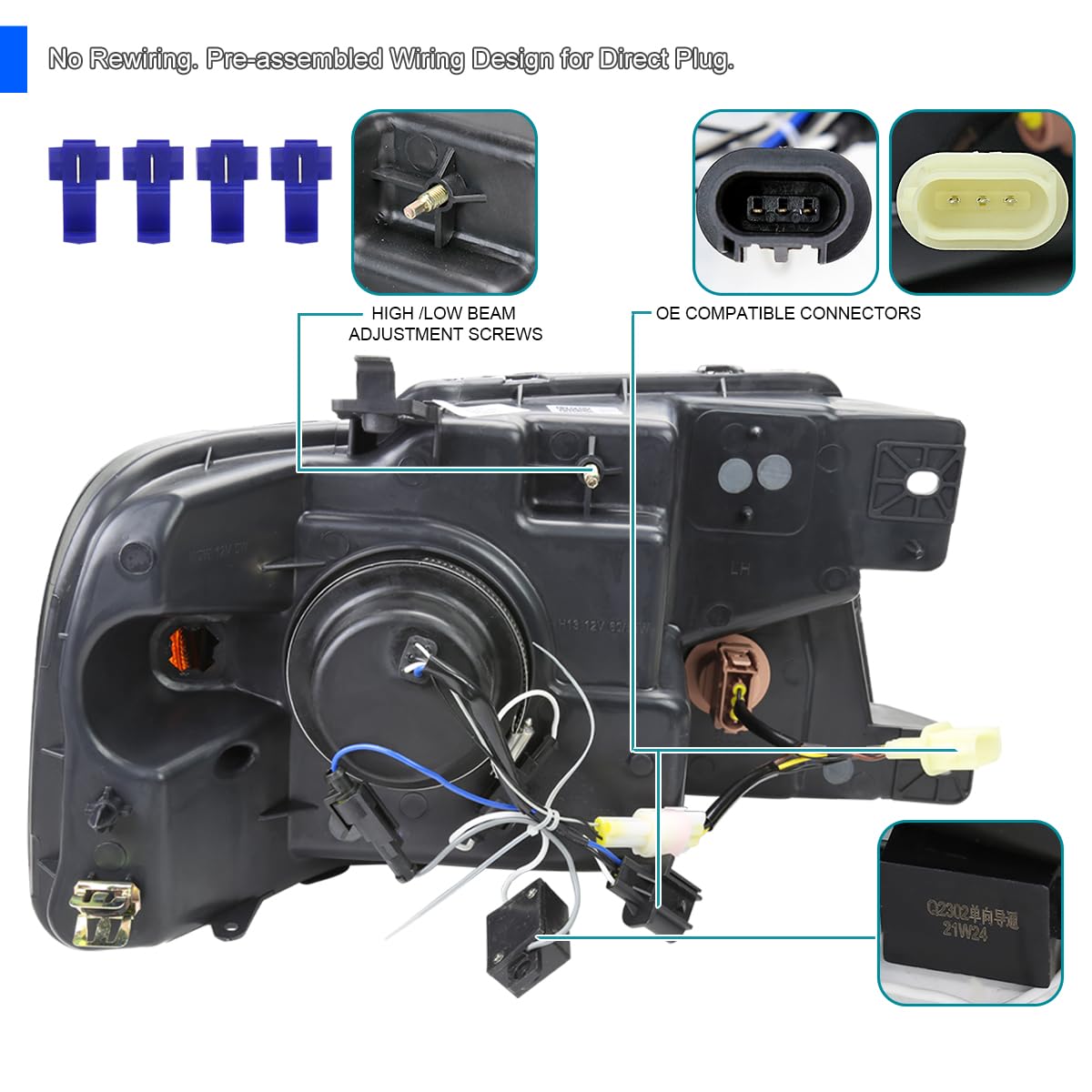 Black LED Tube Bar Projector Headlights SPEC-D TUNING Compatible with 2004-2008 Ford F-150, 2006-2008 Lincoln Mark LT, Left + Right Pair Headlamps Assembly