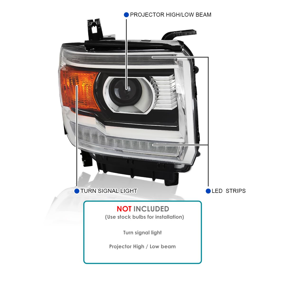 Chrome Projector Headlights w/LED DRL Strip SPEC-D TUNING Compatible with 2014-2018 GMC Sierra 1500, 2500, 3500, Base/Denali/SLE/SLT, Left + Right Pair Headlamps Assembly