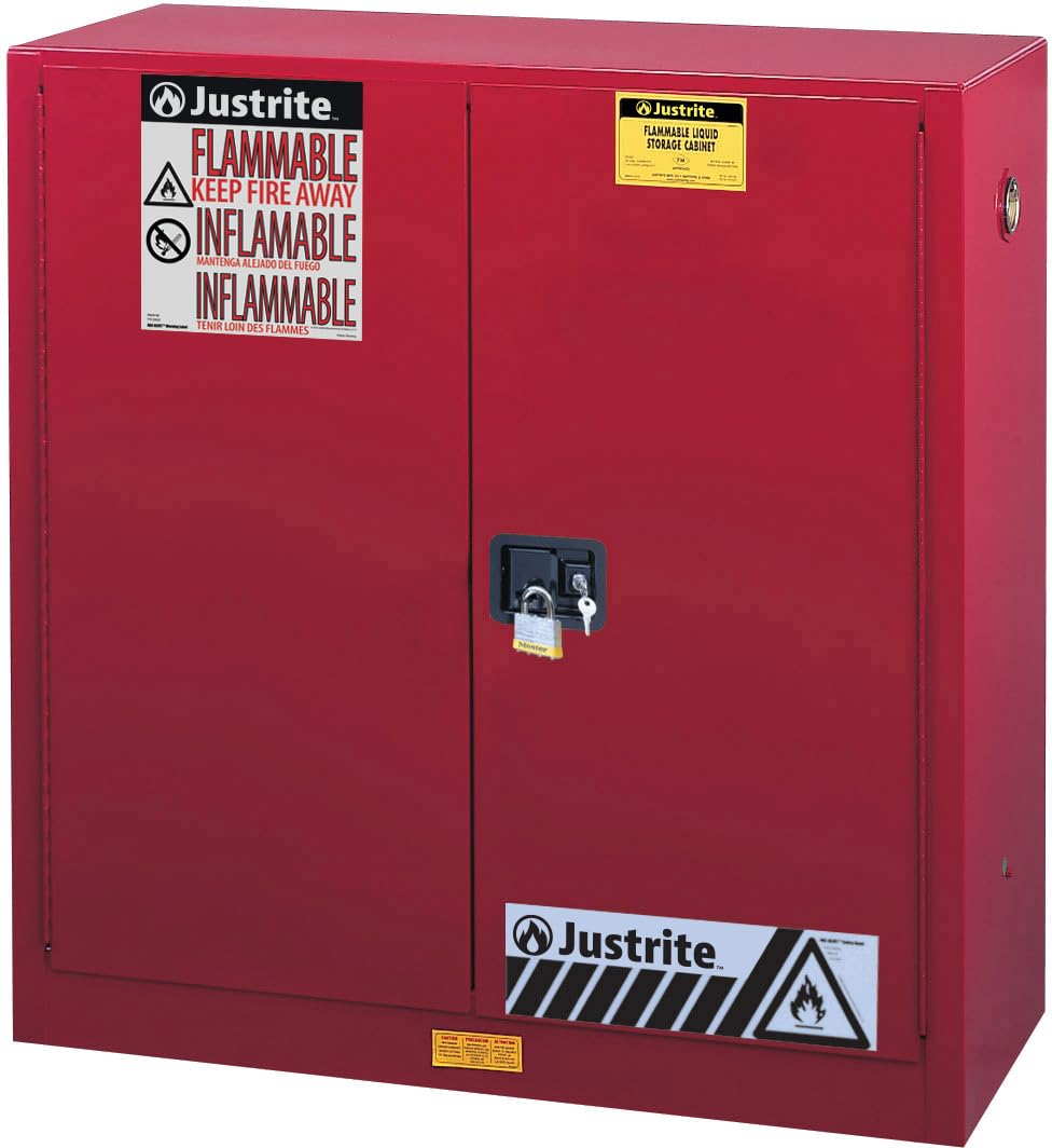 30 Gallon Justrite Self Close Flammable Storage Cabinet, 18 Gauge Steel, 1 Shelf, 2 Door Fire Cabinet, 44" x 43" x 18", Made in The USA, Red, 893021