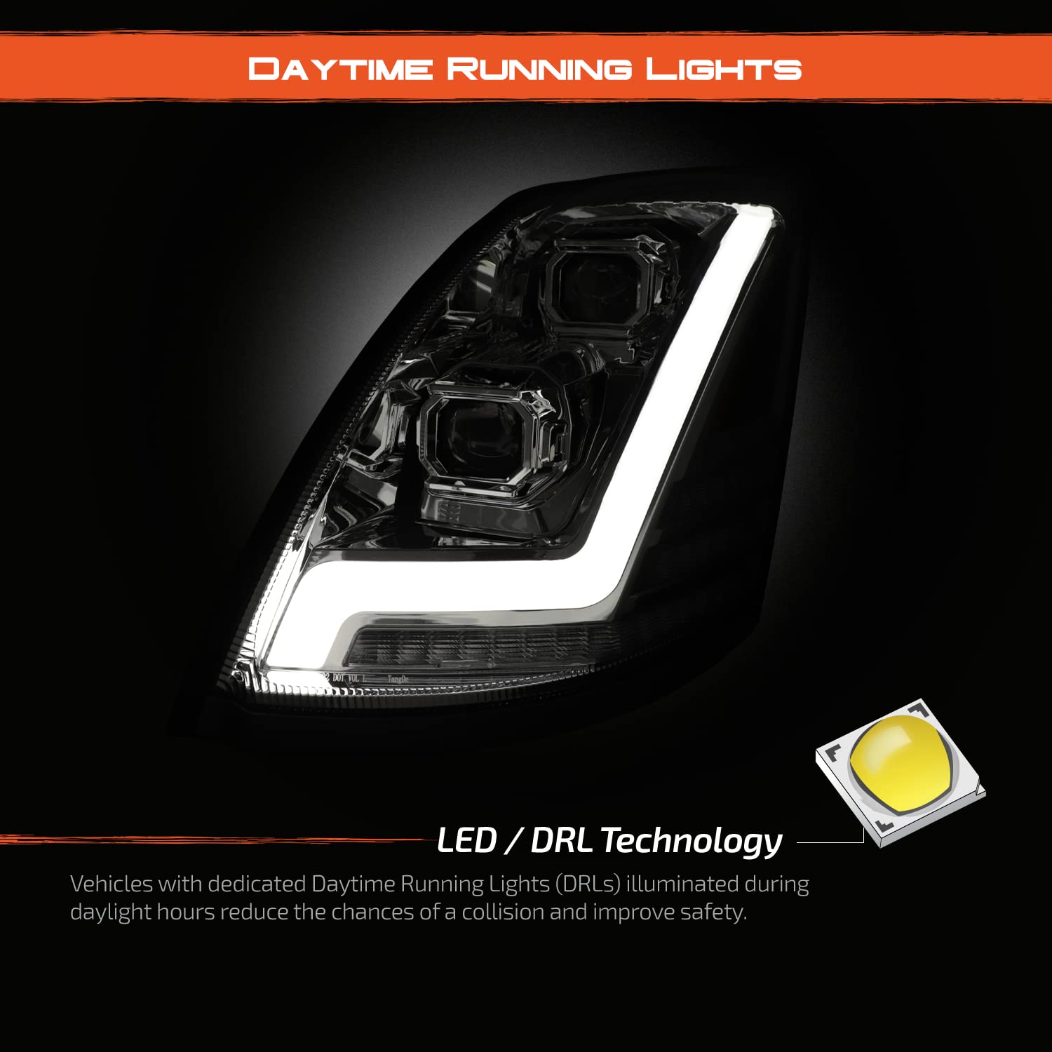 AKKON - 2004-2017 Fit Volvo VNL [Full LED DRL Dual Lens] Projector Headlights Lamps Chrome Left Driver + Right Passenger