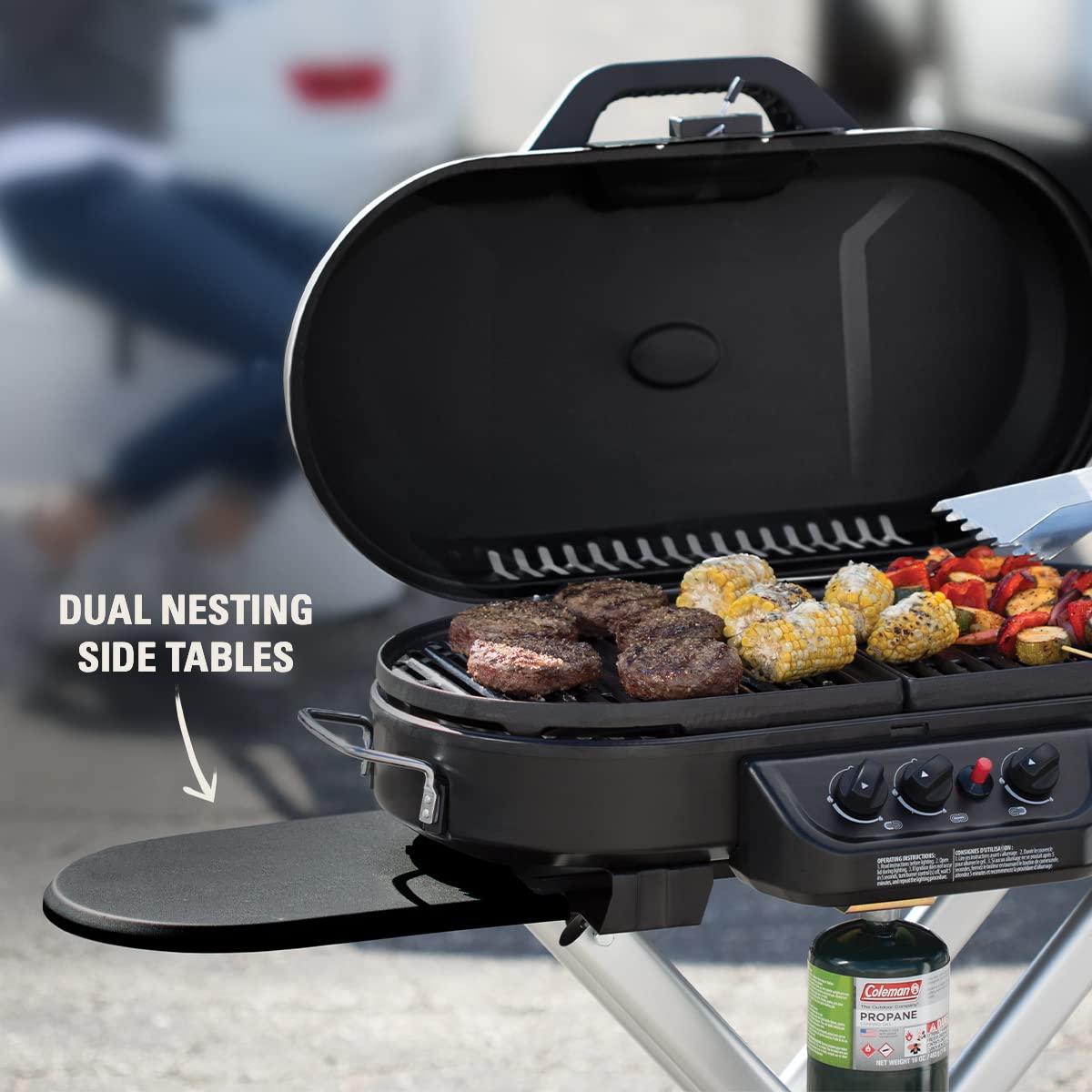RoadTrip Coleman 285 Portable Stand-Up Propane Grill with 3 Adjustable Burners & Instastart Ignition, 20,000 BTUs of Power for Outdoor Cooking, Camping, Tailgating, Grilling, BBQs, & More