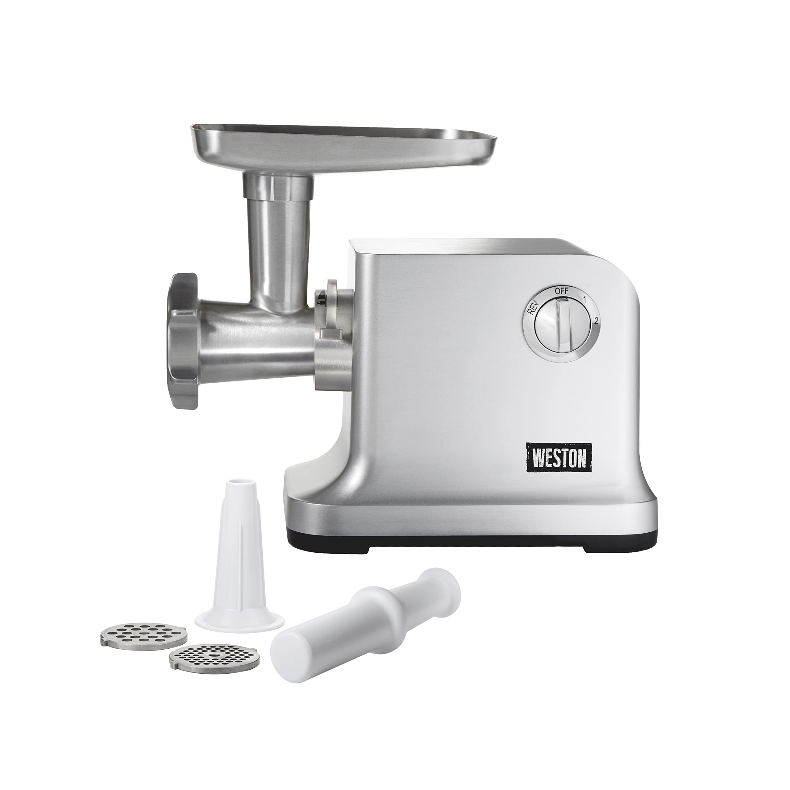 Electric Weston Meat Grinder & Sausage Stuffer, #12 750 Watt, 1 HP Motor, Grinds 4 lbs Per Minute, Includes Stainless Steel Grinding Plates, Die-Cast Aluminum (33-1301-W)