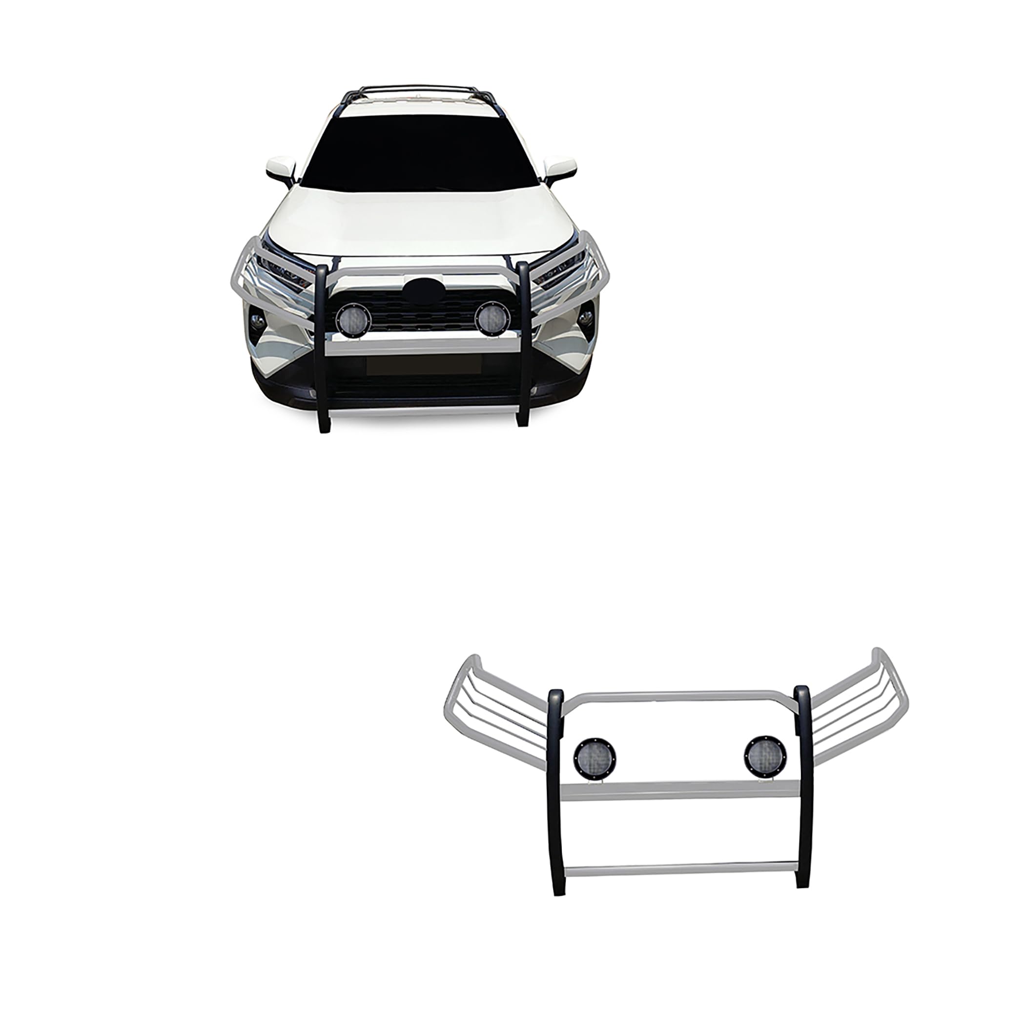 Bumper Guard Black Horse Grille Brush Modular Stainless Steel Come with Pair of 5.3" Dia.LED Lights with Black Trim Rings Compatible with 2019-2024 Toyota RAV4-17A093904MSS-PLFB