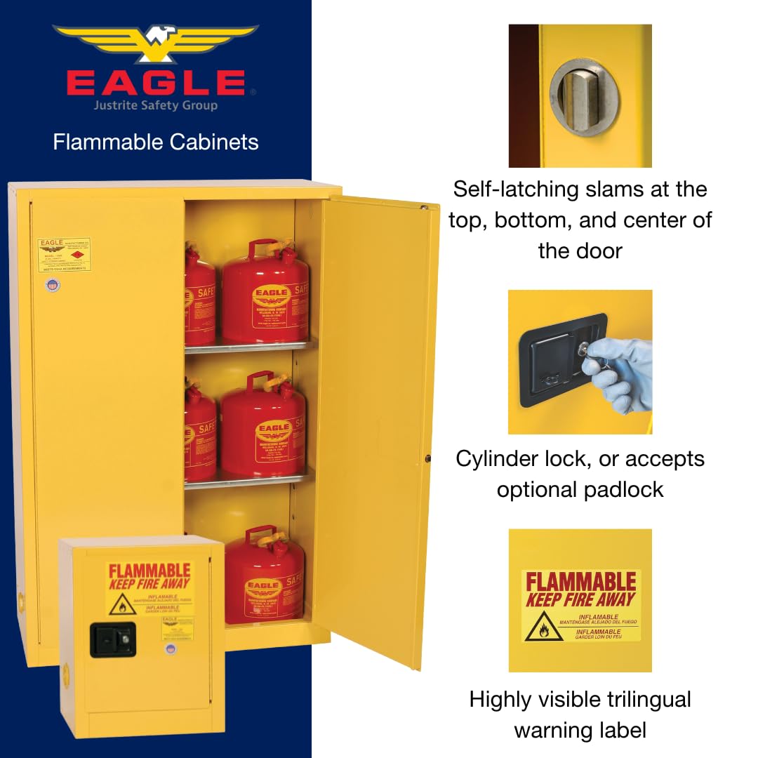 60 Gallon Eagle American Made Flammable Liquid Storage Cabinet, Self-Close Fireproof Cabinet for Schools, Garages, Manufacturing Facilities, 34" x 34" x 65", 6010X