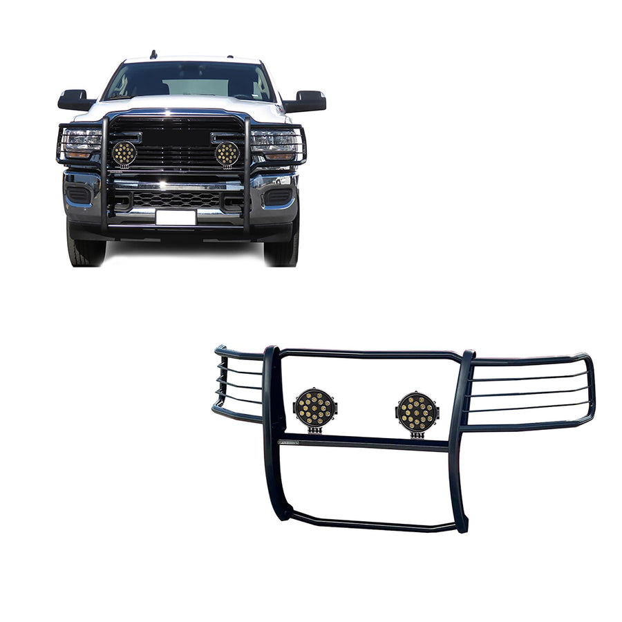 Bumper Guard Modular Black Black Horse Grille Brush Come with Pair of 7.0" Dia.LED Lights with Black Trim Rings Compatible with 2019-2024 Ram 2500|2019-2024 Ram 3500-17DG113MA-PLB