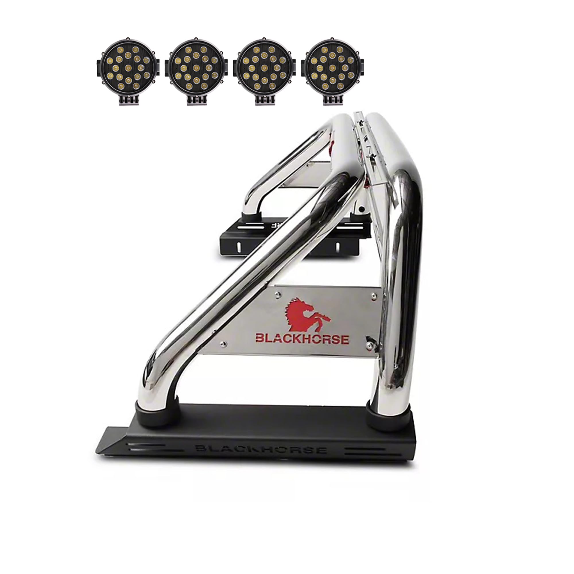 Classic Black Horse Roll Bar incl. Pair of 7.0" Dia. Led Lights w/Black Trim Rings Stainless Steel Compatible with 2005-2021 Nissan Frontier-RB007SS-PLB