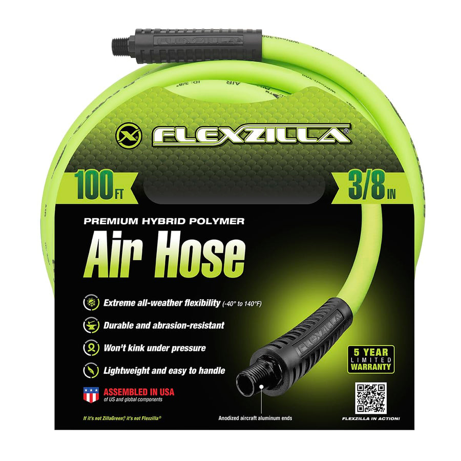 Air Hose Flexzilla, 3/8 in. x 100 ft., 1/4 in. MNPT Fittings, Heavy Duty, Lightweight, Hybrid, ZillaGreen - HFZ38100YW2