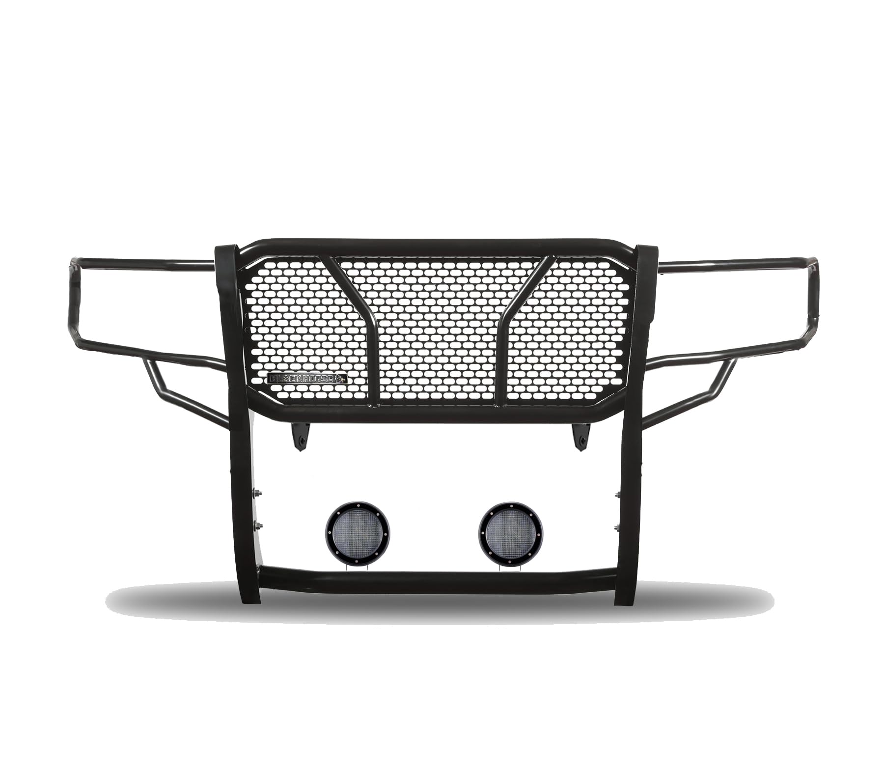 Heavy Duty Black Horse Rugged Grille Brush Bumper Guard Modular Black Come with Pair of 5.3" Dia.LED Lights with Black Trim Rings Compatible with 2009-2014 Ford F-150-RU-FOF109-B-PLFB