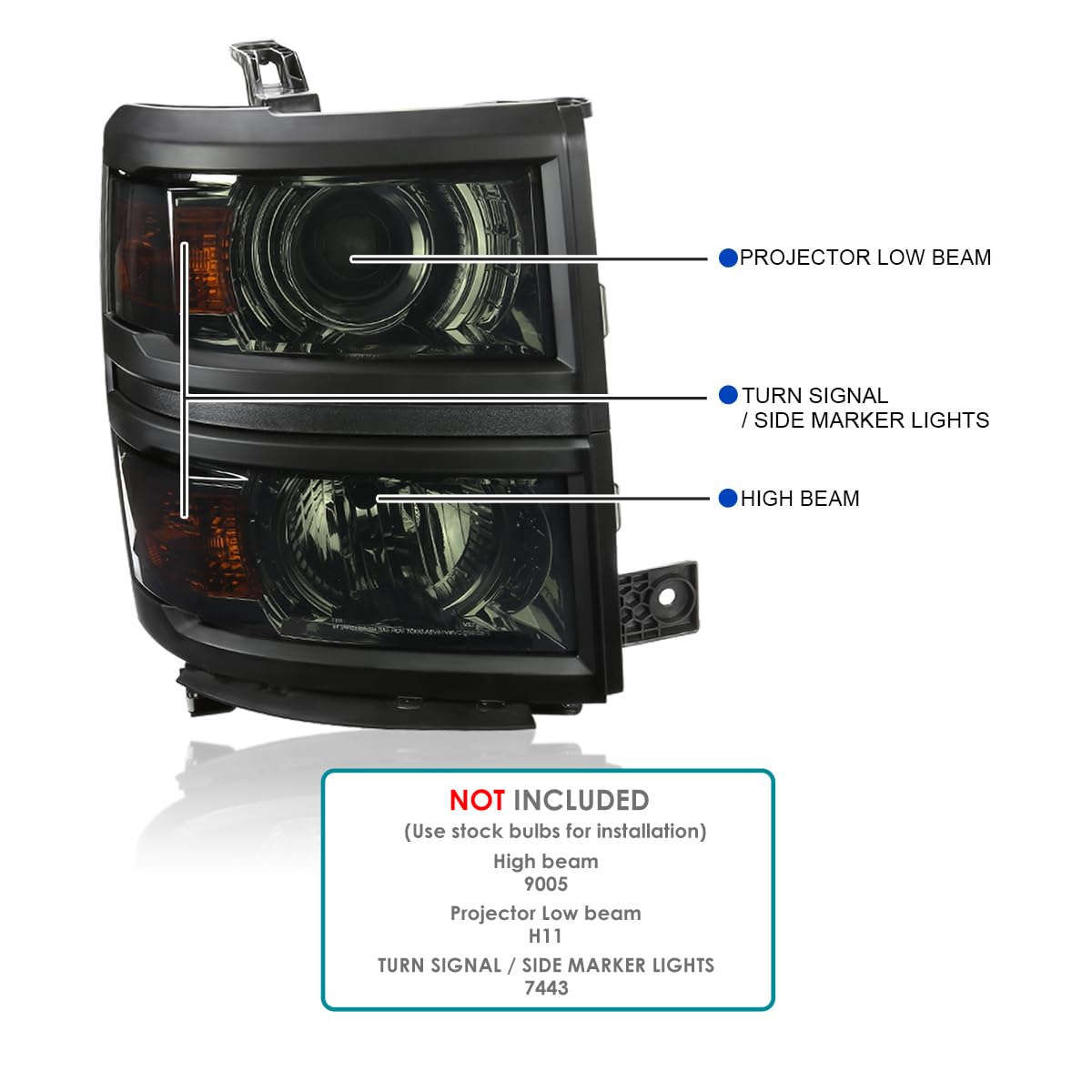 Smoke Projector Headlights SPEC-D TUNING w/Black Trim Compatible with 2014-2015 Chevy Silverado 1500, Left + Right Pair Headlamps Assembly