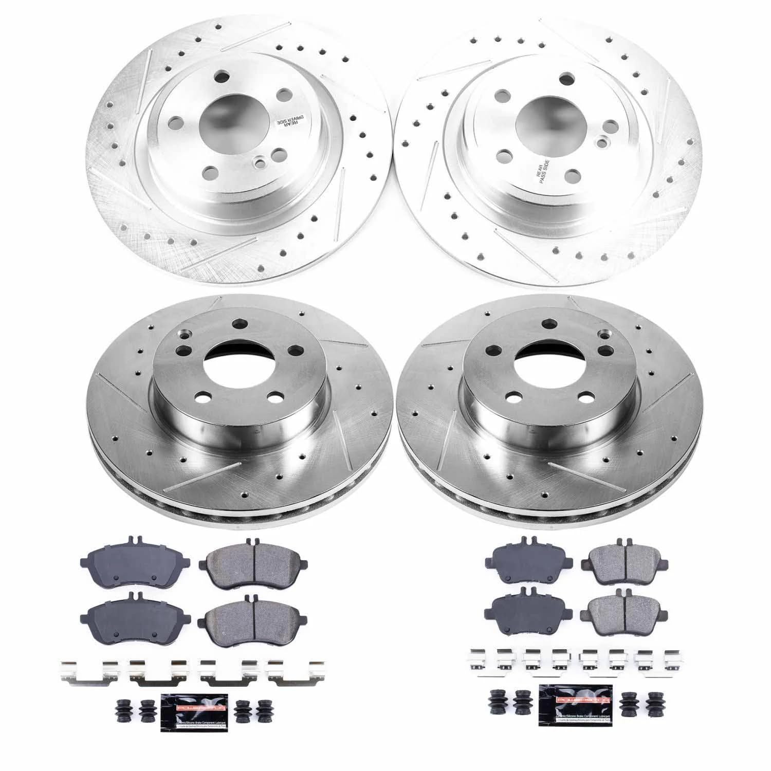 Power Stop K6926 Z23 Carbon Fiber Brake Pads Front and Rear with Drilled & Slotted Brake Rotors Kit For Mercedes-Benz SLK250 2012-2015 [Model Specific]