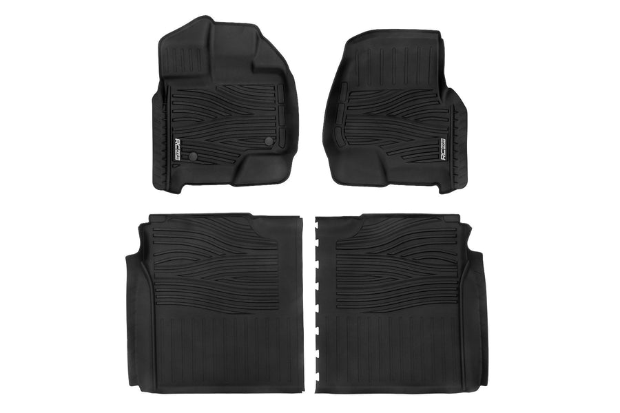 Flex-Fit Rough Country Floor Mats for Ford F-150 (2015-25)/F-150 Lightning (2022-25)/Raptor (2017-25) Crew Cab - Front & Rear Set, All-Weather Non-Slip TPE Liners w/Spill Saver Lip