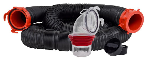 15-Foot Valterra Dominator RV Sewer Hose Kit, Universal Sewer Hose for RV Camper, Includes 15-Foot Hose with Rotating Fittings, 90 Degree ClearView Sewer Adapter, and 2 Drip Caps