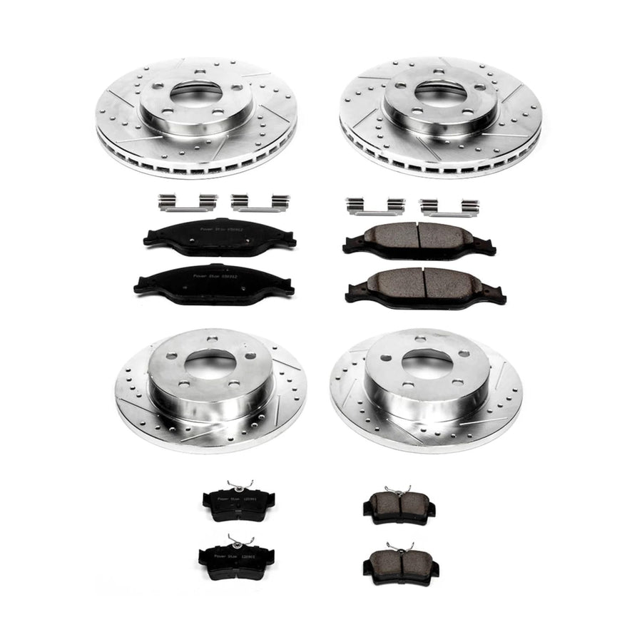 Power Stop K1302 Z23 Carbon Fiber Brake Pads Front and Rear with Drilled and Slotted Brake Rotors Kit For 1999 2000 2001 2002 2003 2004 Ford Mustang SN95 Base GT