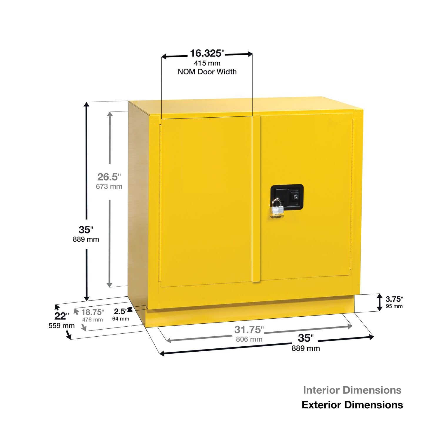 22 Gallon Eagle Steel Flammable Liquid Storage Cabinet, Under Counter, 1 Shelf, 2 Self-Closing Doors, Made in the USA, Yellow, 1970X