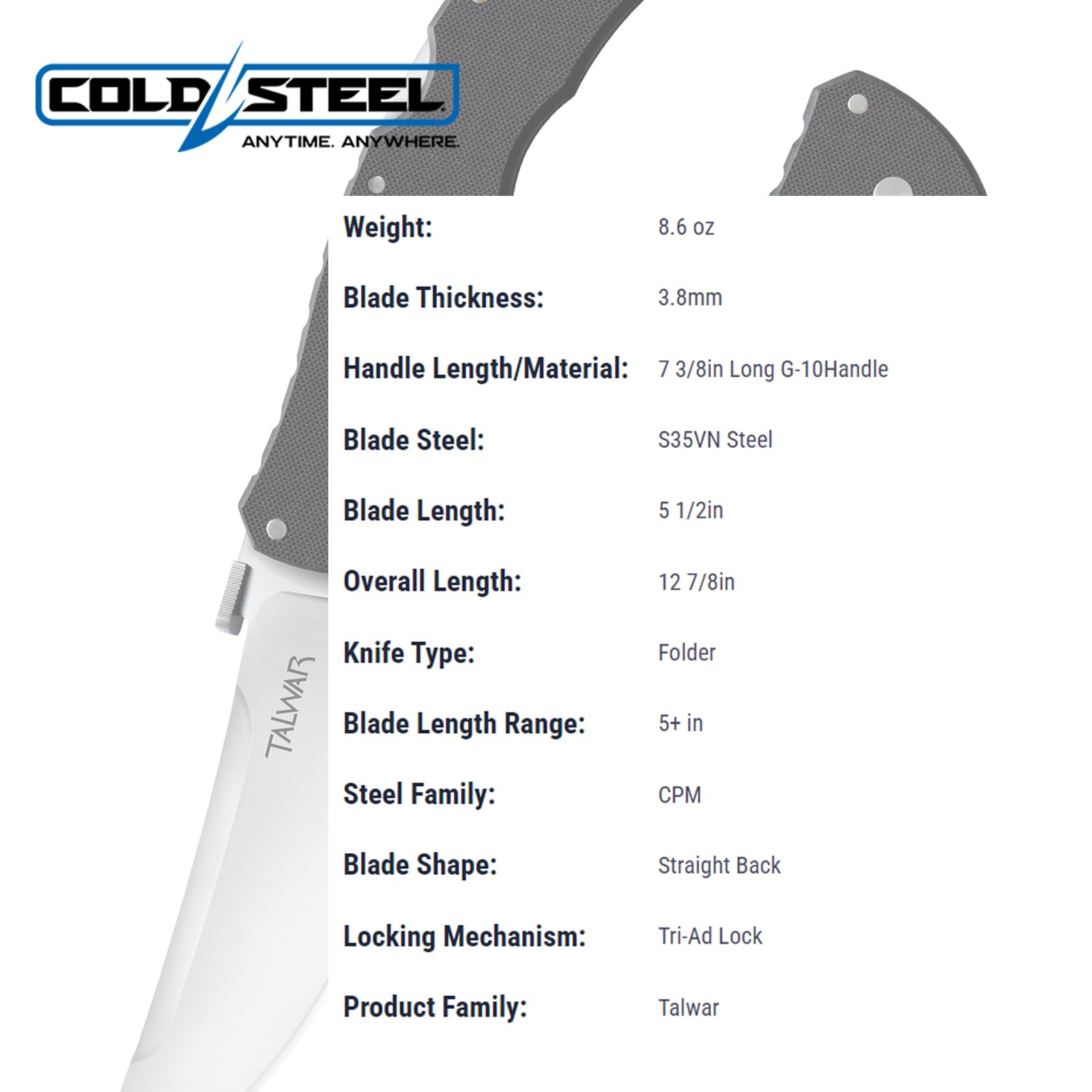 Cold Steel 5.5" Talwar S35VN Steel Ultra-Sharp Plain Blade 7.375" G10 Handle Tactical Pocket Folding Knife with Tri-Ad Locking Mechanism