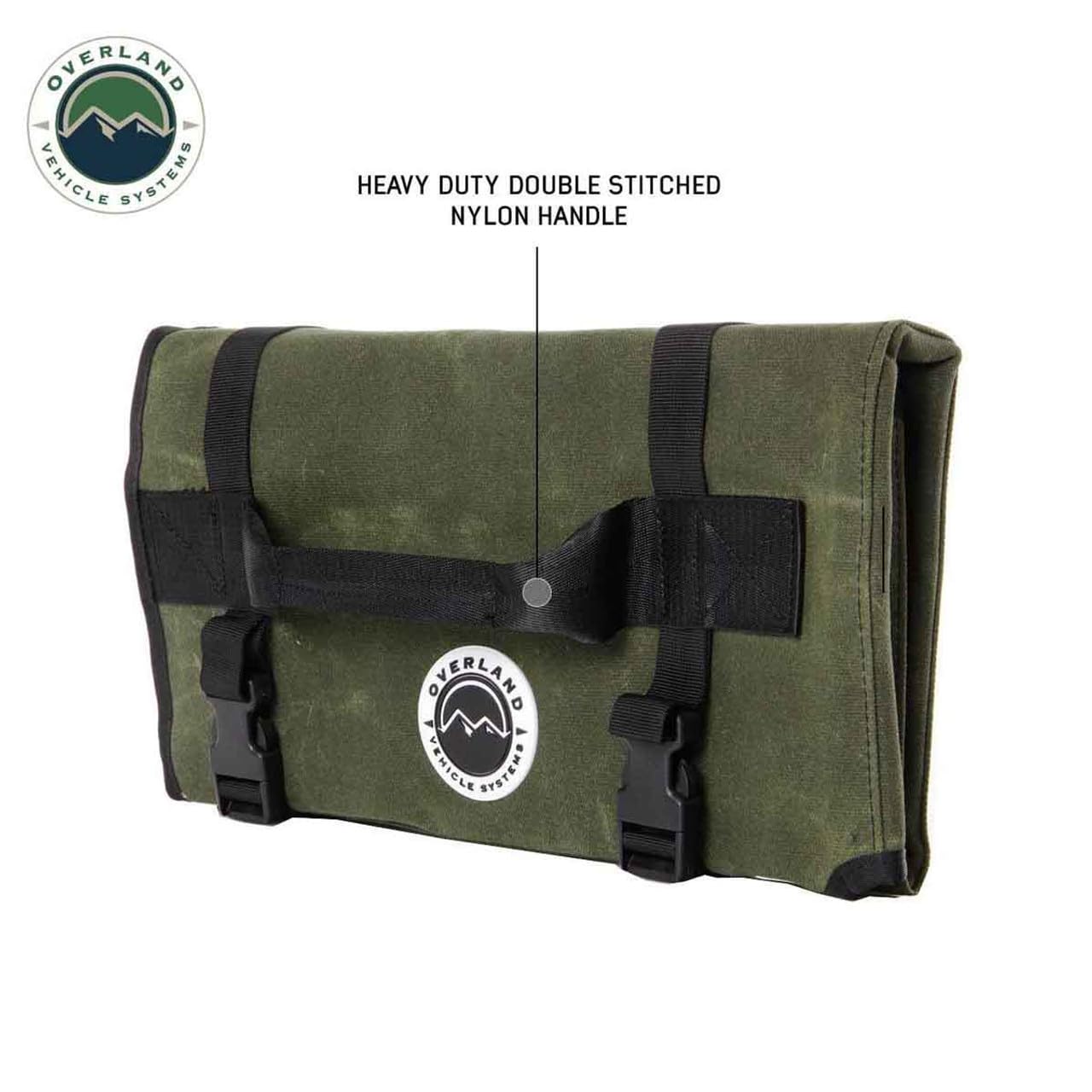 Overland Vehicle Systems General Tool Storage Bag Rolled - #16 Military Style Waxed Canvas - 19 Storage Pockets - Infused with Paraffin Wax Waterproofing