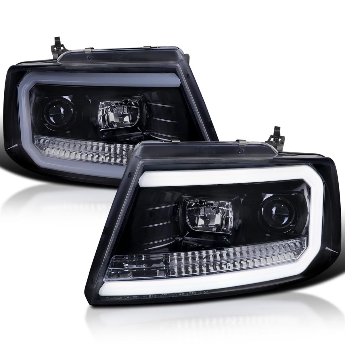 Black Smoke LED Tube Projector Headlights SPEC-D TUNING Compatible with 2004-2008 Ford F-150, 2006-2008 Lincoln Mark LT, Left + Right Pair Headlamps Assembly