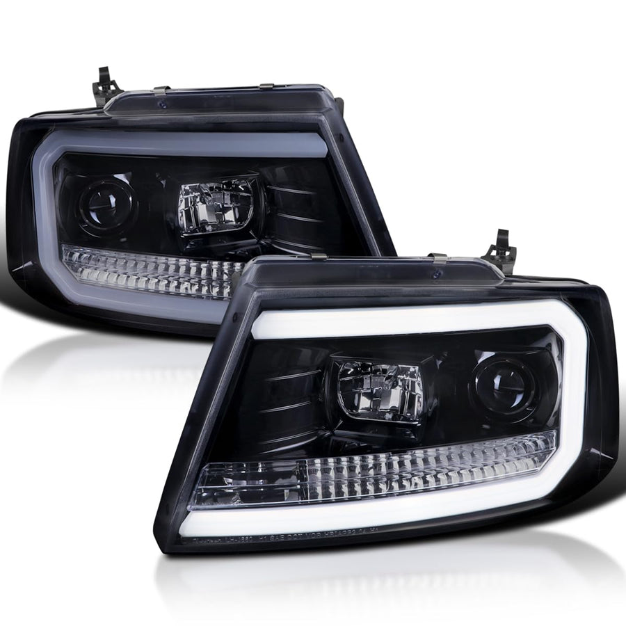 Black Smoke LED Tube Projector Headlights SPEC-D TUNING Compatible with 2004-2008 Ford F-150, 2006-2008 Lincoln Mark LT, Left + Right Pair Headlamps Assembly