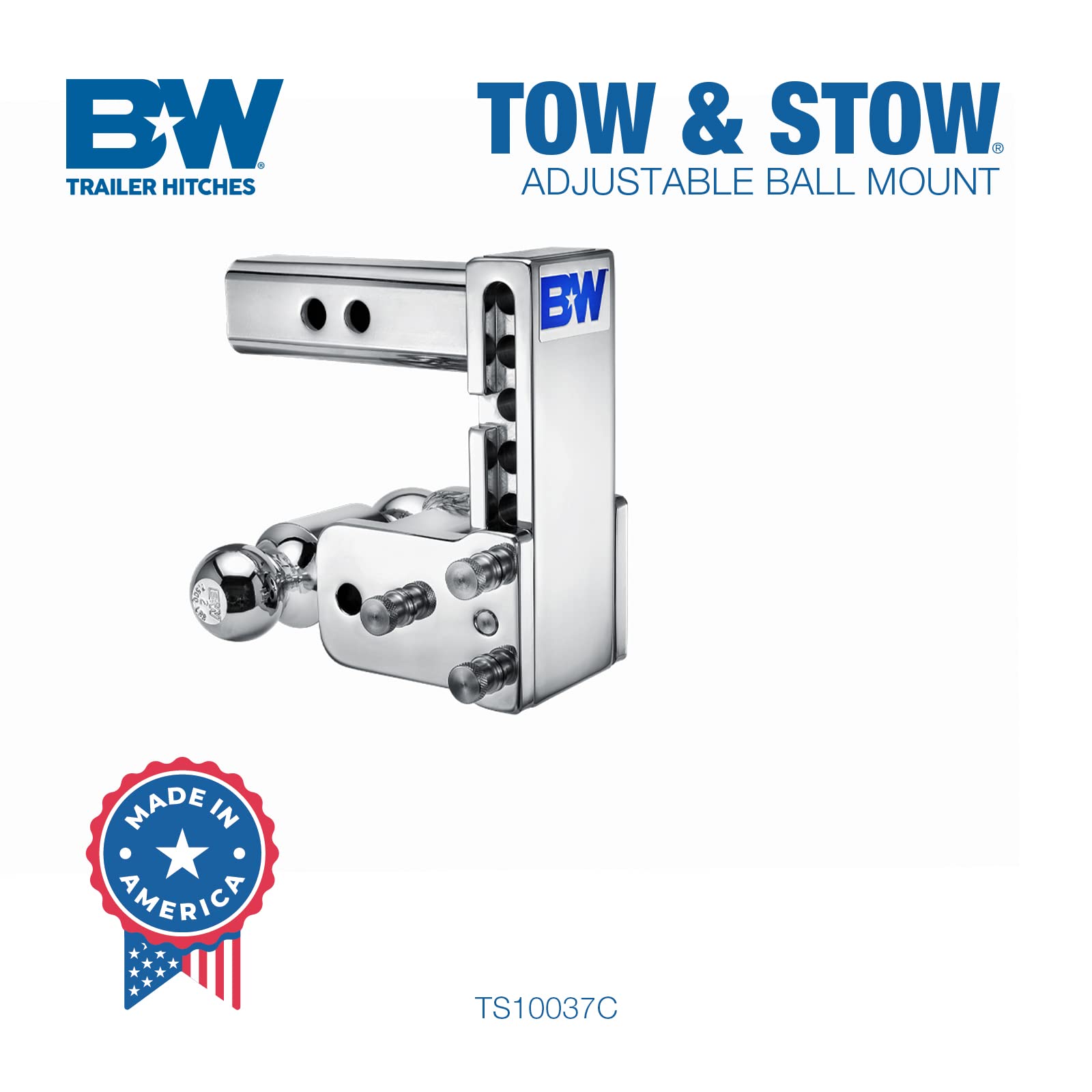 B&W Trailer Hitches Adjustable Chrome Tow & Stow Trailer Hitch Ball Mount - Fits 2" Receiver, Dual Ball (2" x 2-5/16"), 5" Drop, 10,000 GTW - TS10037C