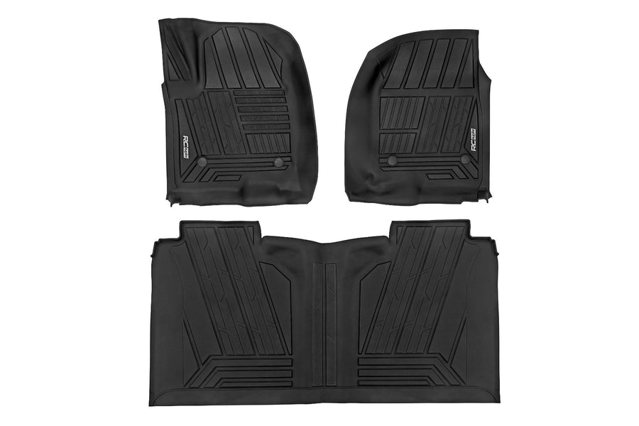 Flex-Fit Rough Country Floor Mats for Chevy Silverado & GMC Sierra 1500/2500HD/3500HD (2019-2026) Crew Cab - Front & Rear Set, All-Weather Non-Slip TPE Liners w/Spill Saver Lip