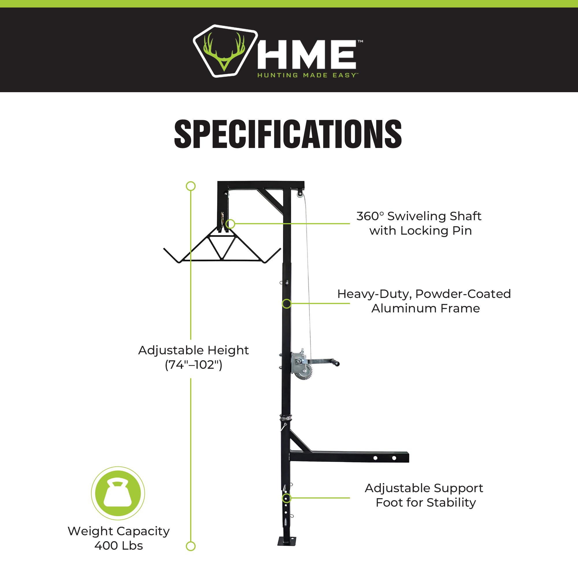 HME Game Hoist Truck Hitch Complete Kit with Winch and Gambrel, 400 lb Capacity - Hunting Game Skinning and Cleaning Accessory with 360-Degree Swivel Shaft and Adjustable Height