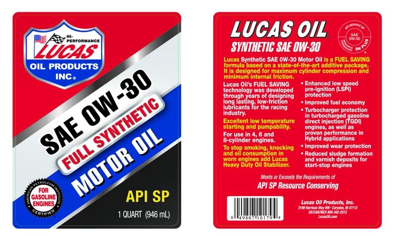 Synthetic SAE 0W-30 Motor Oil Lucas Oil - 1 Quart