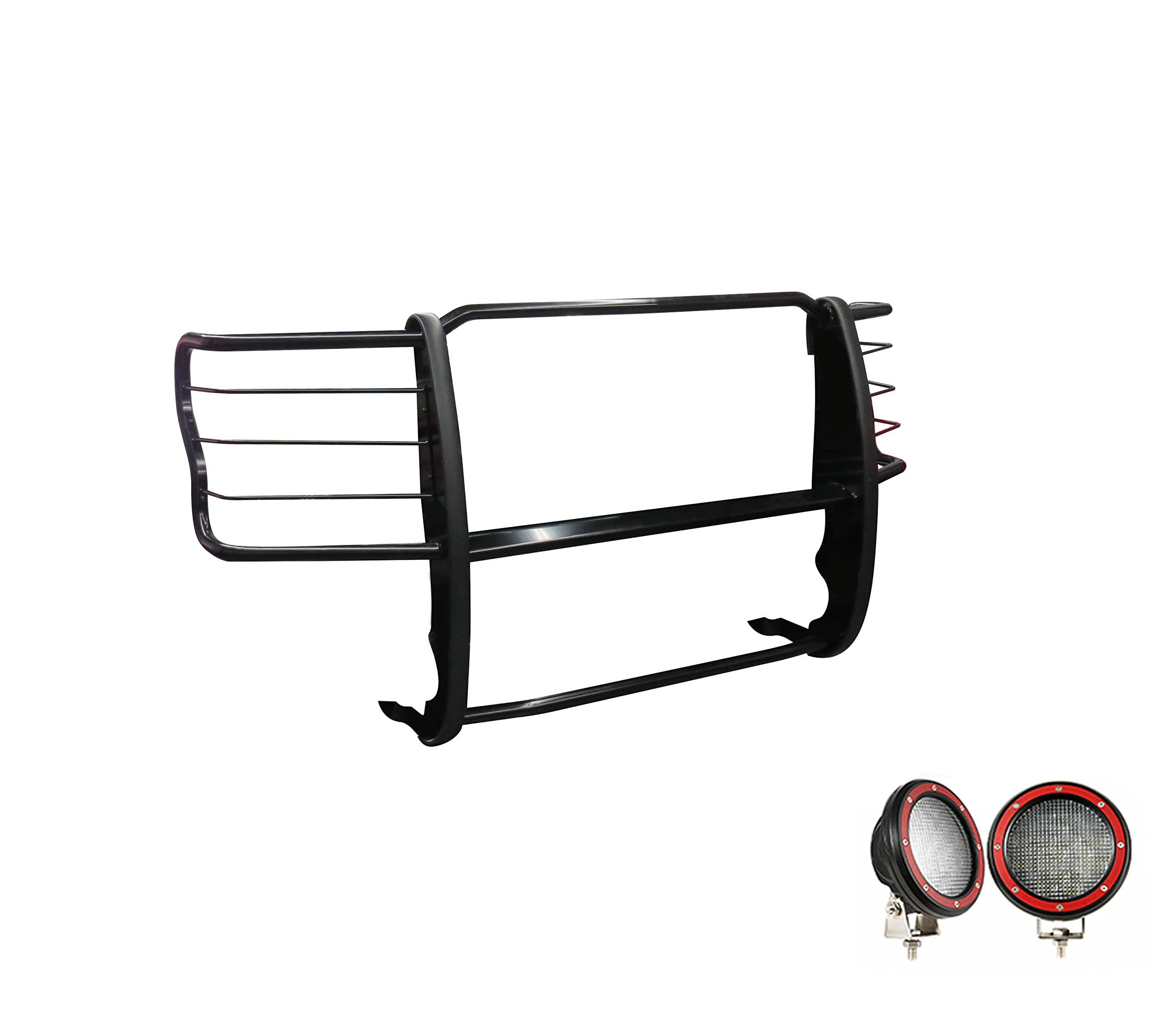 Bumper Guard Black Horse Grille brush Modular Come With Pair of 5.3"LED Lights with Red Trim Rings Compatible with 2017-2023 Ford F-250/Ford F-350/Ford F-450/Ford F-550 Super Duty-17FB28MA-PLFR