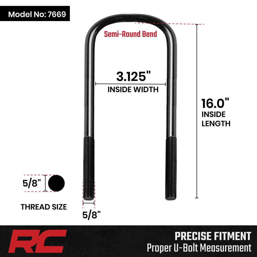 5/8" Rough Country Semi-Round Suspension U-Bolts 5/8 x 3.125 x 16-7669