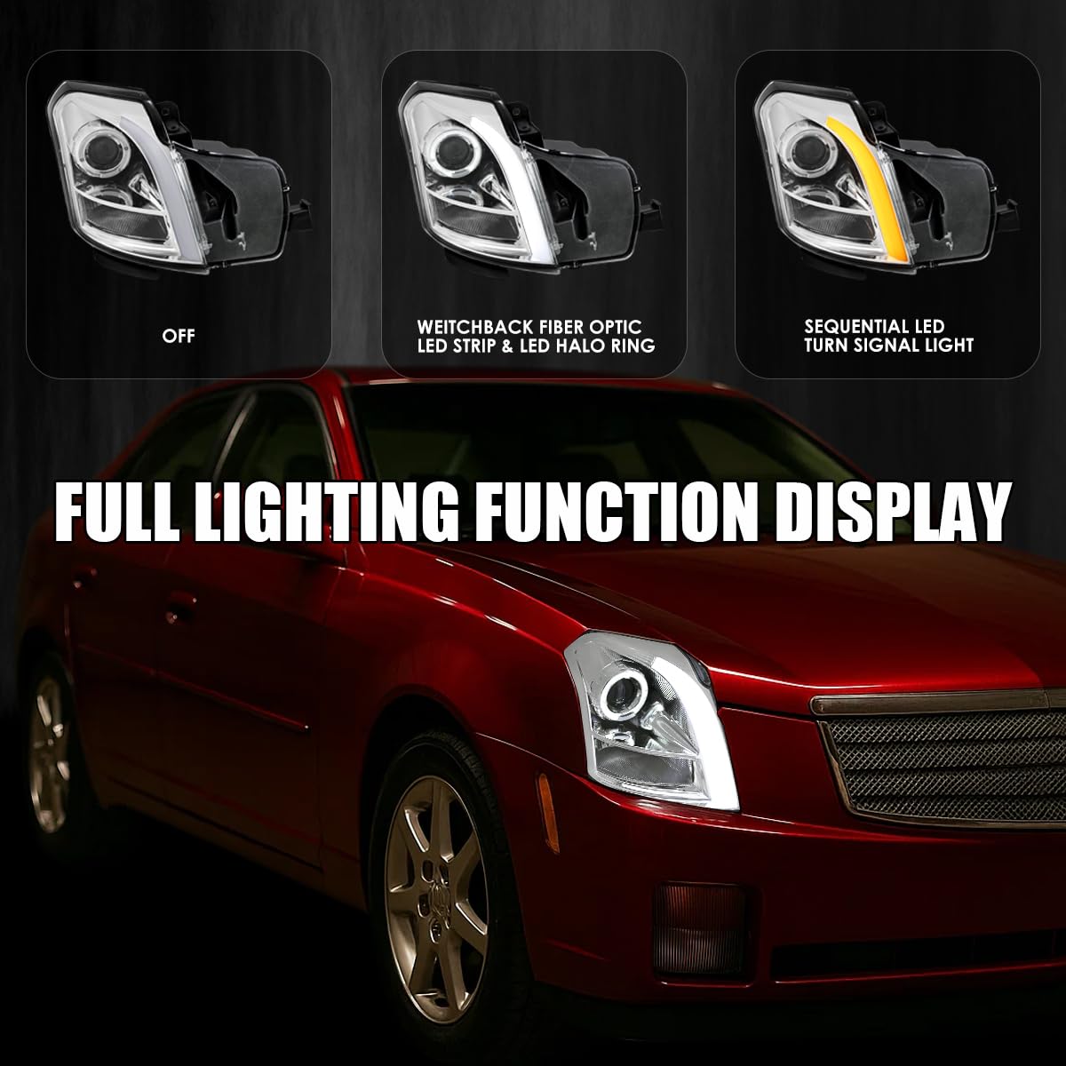 Chrome Halo Projector Headlights SPEC-D TUNING w/Switchback LED Signal Tube Compatible with 2003-2007 Cadillac CTS, Left + Right Pair Headlamps Assembly