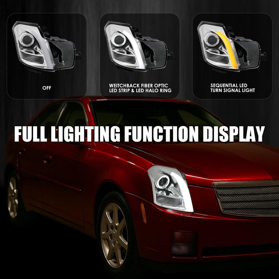 Chrome Halo Projector Headlights SPEC-D TUNING w/Switchback LED Signal Tube Compatible with 2003-2007 Cadillac CTS, Left + Right Pair Headlamps Assembly