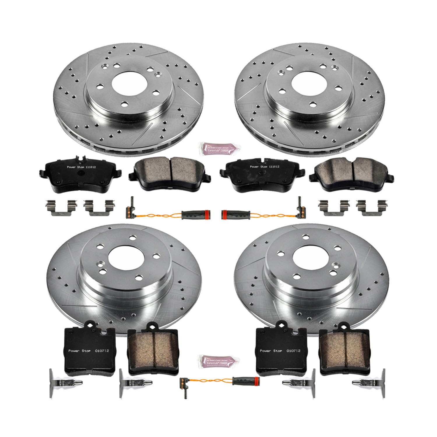 Power Stop K6745 Z23 Carbon Fiber Brake Pads Front and Rear with Drilled & Slotted Brake Rotors Kit For Mercedes-Benz C240 2003-2005 [Model Specific]
