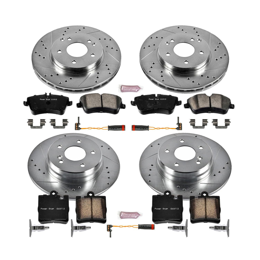 Power Stop K6745 Z23 Carbon Fiber Brake Pads Front and Rear with Drilled & Slotted Brake Rotors Kit For Mercedes-Benz C240 2003-2005 [Model Specific]
