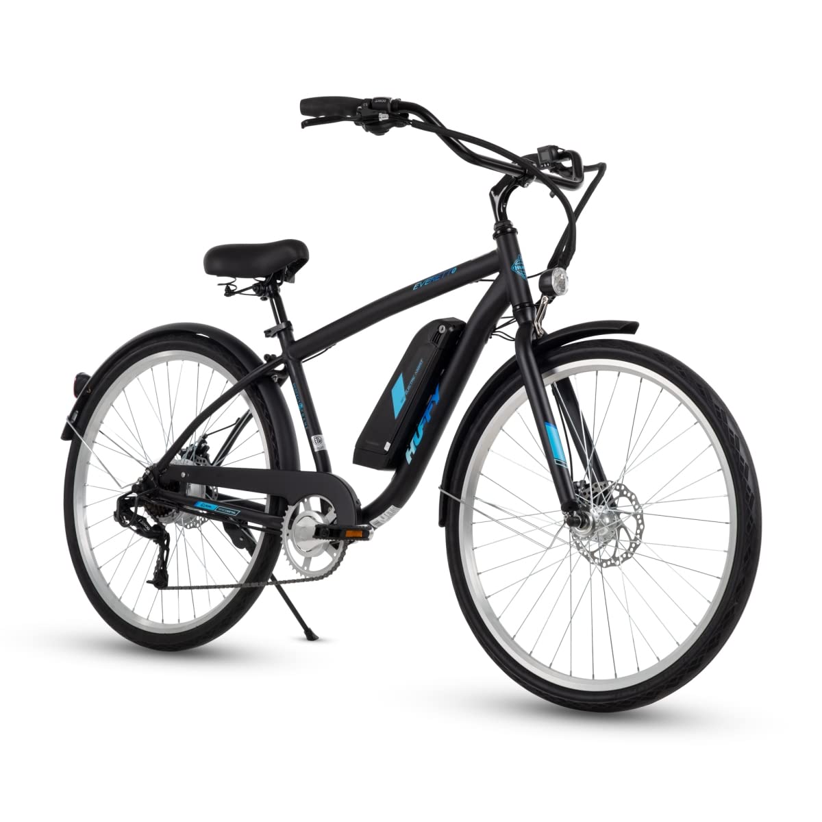 27.5” Huffy Everett + Electric Comfort Bike for Men, Aluminum Frame, Blue, Pedal Assist up to 20 mph