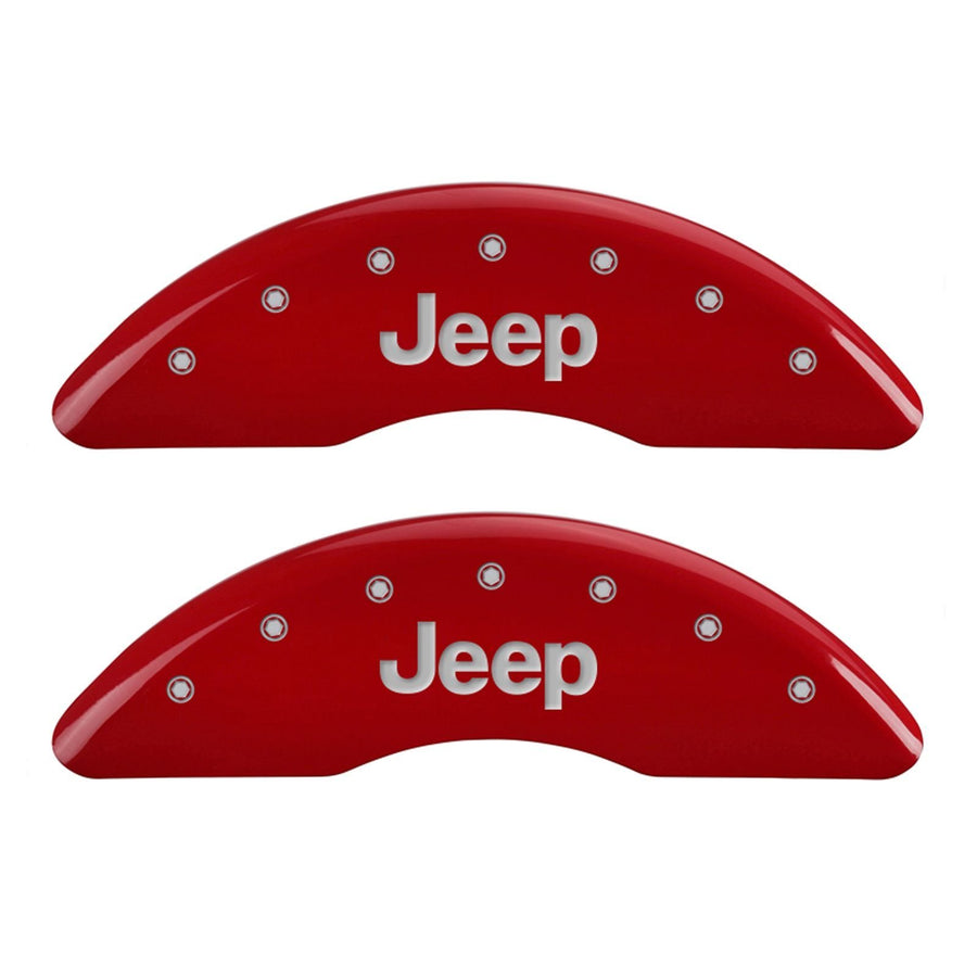 MGP Caliper Covers Front and Rear 42012SJPLRD Red Powder Coat Finish, Set of 4 (JEEP JEEP Grill logo Silver Characters, Engraved)