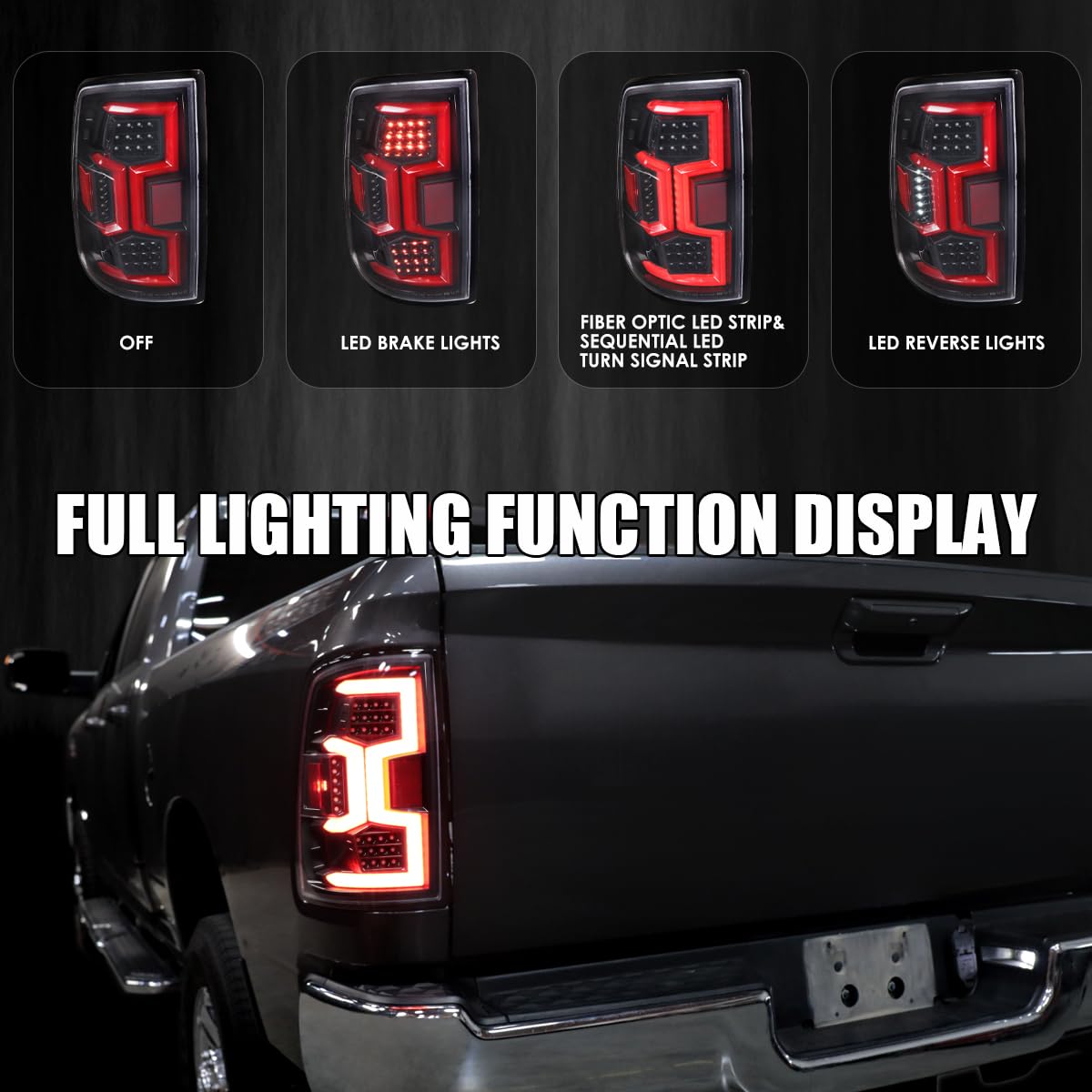 Jet Black SPEC-D TUNING Tail Lights w/Fiber Optic Sequential LED Turn Signal Lights Compatible with 2019-2024 Dodge Ram 2500/3500