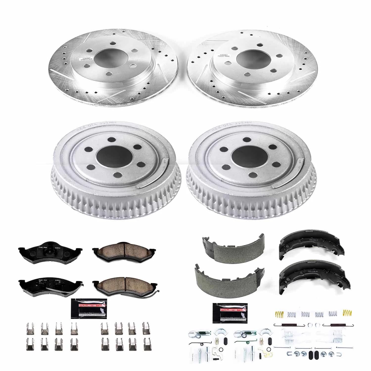 Power Stop K15071DK Z23 Carbon Fiber Brake Pads Front and Rear with Drilled & Slotted Brake Drums Kit For Dodge Dakota 1999 [Model Specific]