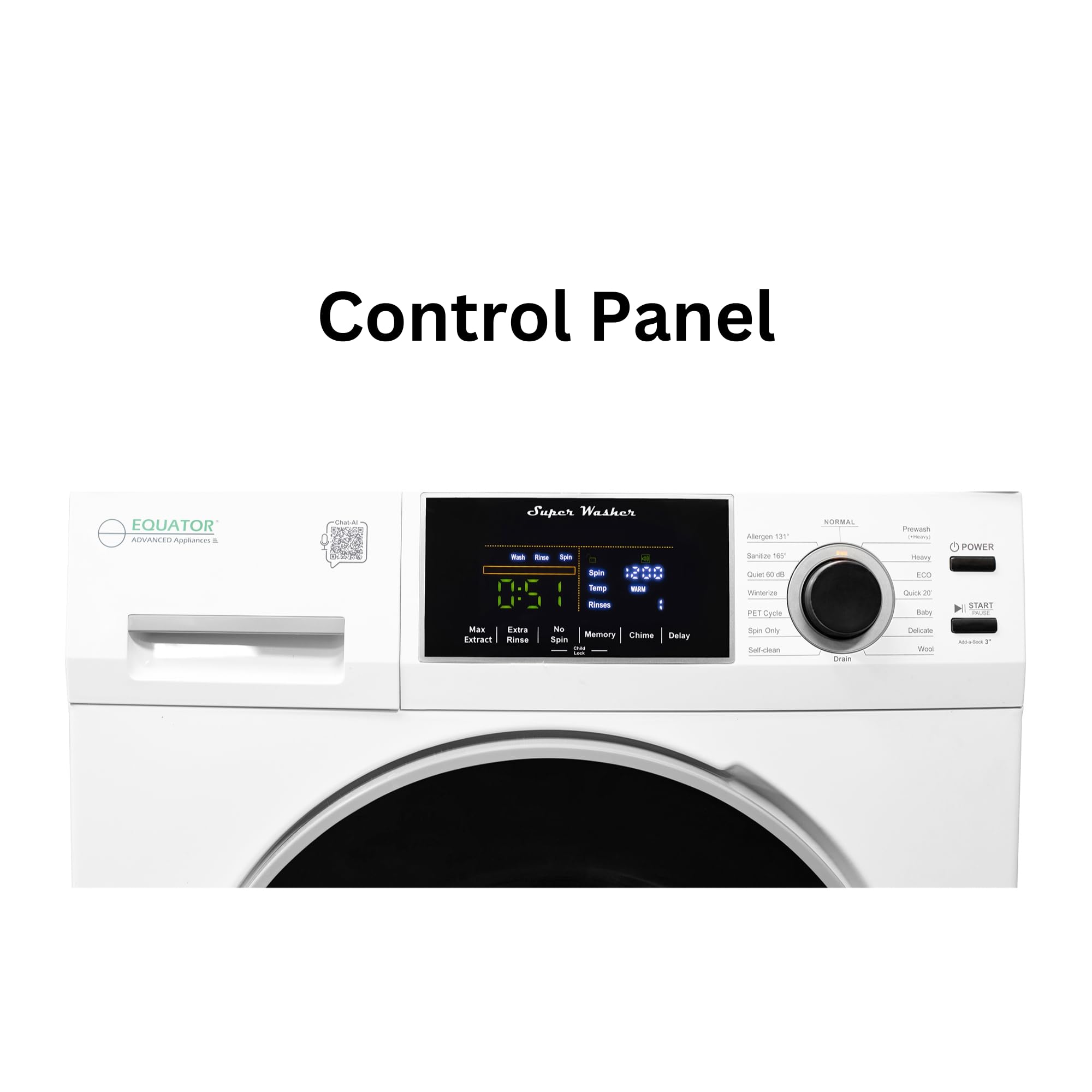 Equator 1.6cf/15lbs Compact Washer PET CYCLE 15 Programs 110V (White)