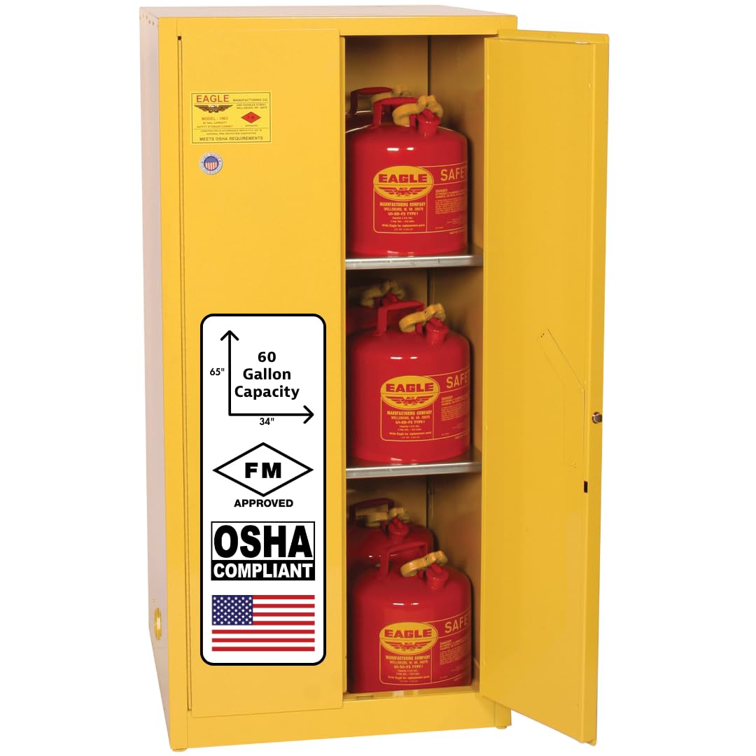 60 Gallon Eagle American Made Flammable Liquid Storage Cabinet, Self-Close Fireproof Cabinet for Schools, Garages, Manufacturing Facilities, 34" x 34" x 65", 6010X