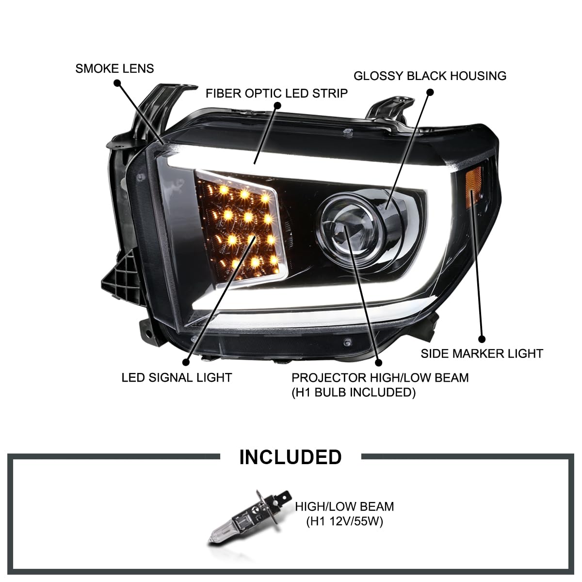 Glossy Black Smoke SPEC-D TUNING Projector Headlights w/LED Light Bar Compatible with 2014-2021 Toyota Tundra, Left + Right Pair Headlamps Assembly